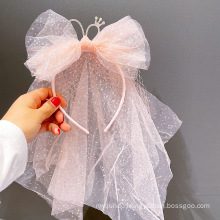 Yarn Crown Headband Long Veil Luxury Hair Accessories Korean Handmade Princess Birthday Hairband Sequins Bow Knot Sweet
